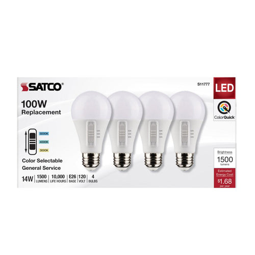 Satco S11777, A19 LED, 120V, 14W, 1500 Lumens, 3000K/4000K/5000K, Medium E26 Base, 90 CRI, 4 Packs