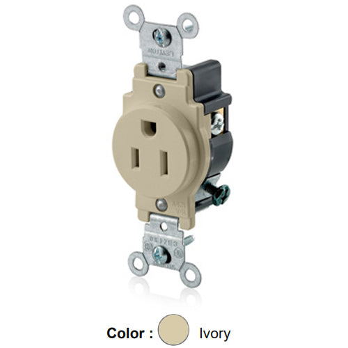 Leviton 5015-I, Standard Straight Blade Single Receptacle, Commercial Specification Grade, Indented Face, 15A 125V, NEMA 5-15R, 2-Pole, 3-Wire, Side Wire Only, Ivory