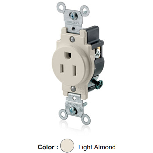 Leviton 5015-T, Standard Straight Blade Single Receptacle, Commercial Specification Grade, Indented Face, 15A 125V, NEMA 5-15R, 2-Pole, 3-Wire, Side Wire Only, Light Almond