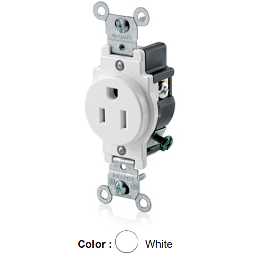 Leviton 5015-W, Standard Straight Blade Single Receptacle, Commercial Specification Grade, Indented Face, 15A 125V, NEMA 5-15R, 2-Pole, 3-Wire, Side Wire Only, White