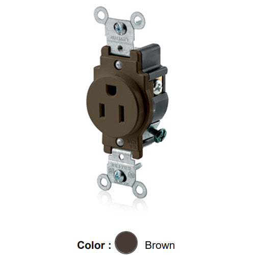 Leviton 5015, Standard Straight Blade Single Receptacle, Commercial Specification Grade, Indented Face, 15A 125V, NEMA 5-15R, 2-Pole, 3-Wire, Side Wire Only, Brown
