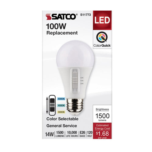 Satco S11773, A19 LED, 120V, 14W, 1500 Lumens, 3000K/4000K/5000K, Medium E26 Base, 90 CRI, 24 Packs