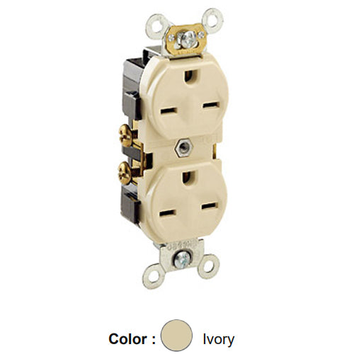 Leviton 5028-I, Standard Straight Blade Duplex Receptacle, Commercial Specification Grade, Indented Face, 15A 250V, NEMA 6-15R, 2-Pole, 3-Wire, Side Wire Only, Ivory