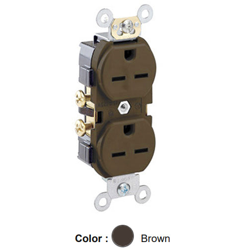 Leviton 5028, Standard Straight Blade Duplex Receptacle, Commercial Specification Grade, Indented Face, 15A 250V, NEMA 6-15R, 2-Pole, 3-Wire, Side Wire Only, Brown