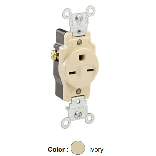 Leviton 5029-I, Standard Straight Blade Single Receptacle, Commercial Specification Grade, Indented Face, 15A 250V, NEMA 6-15R, 2-Pole, 3-Wire, Side Wire Only, Ivory