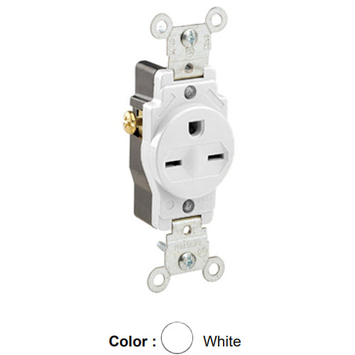 Leviton 5029-W, Standard Straight Blade Single Receptacle, Commercial Specification Grade, Indented Face, 15A 250V, NEMA 6-15R, 2-Pole, 3-Wire, Side Wire Only, White