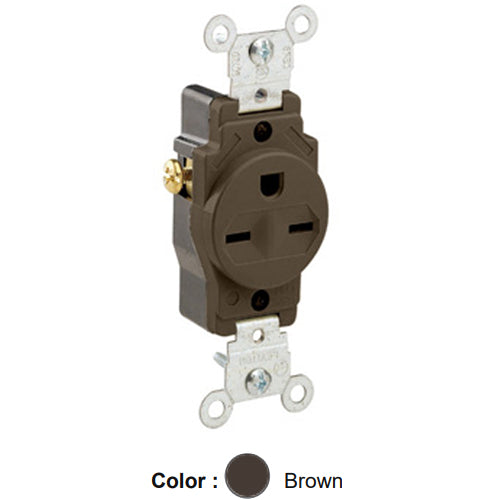 Leviton 5029, Standard Straight Blade Single Receptacle, Commercial Specification Grade, Indented Face, 15A 250V, NEMA 6-15R, 2-Pole, 3-Wire, Side Wire Only, Brown