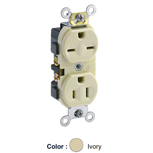 Leviton 5031-I, Standard Straight Blade Duplex Receptacle, Commercial Specification Grade, Dual Voltage, Indented Face, 15A 125/250V, NEMA 5-15R/6-15R, 2-Pole, 3-Wire, Side Wire Only, Ivory