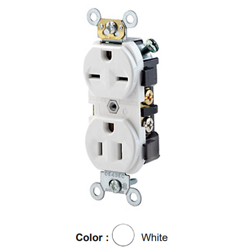 Leviton 5031-W, Standard Straight Blade Duplex Receptacle, Commercial Specification Grade, Dual Voltage, Indented Face, 15A 125/250V, NEMA 5-15R/6-15R, 2-Pole, 3-Wire, Side Wire Only, White