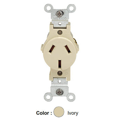 Leviton 5032-I, Standard Straight Blade Single Receptacle, Commercial Specification Grade, Dual Voltage, Smooth Face, 20A 125/250V, NEMA 10-20R, 3-Pole, 3-Wire, Side Wire Only, Ivory