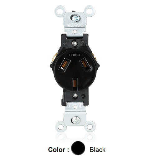 Leviton 5032, Standard Straight Blade Single Receptacle, Commercial Specification Grade, Dual Voltage, Smooth Face, 20A 125/250V, NEMA 10-20R, 3-Pole, 3-Wire, Side Wire Only, Black