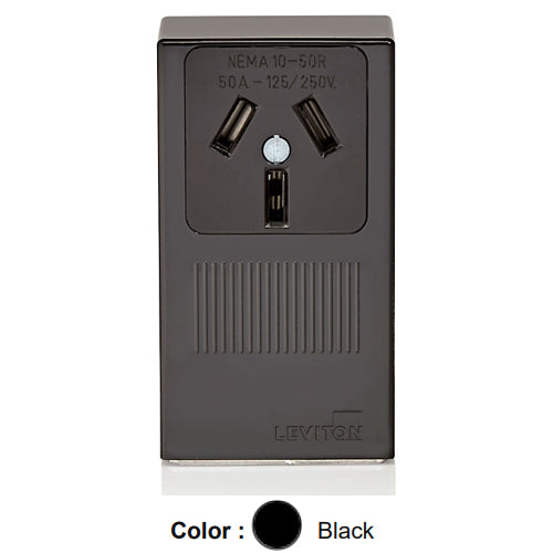 Leviton 5050-P00, Straight Blade Flush Mount Outlet/Receptacle, 50A 125/250V, NEMA 10-50R, 3-Pole, 3-Wire, Non-Grounding, Side Wired, Black