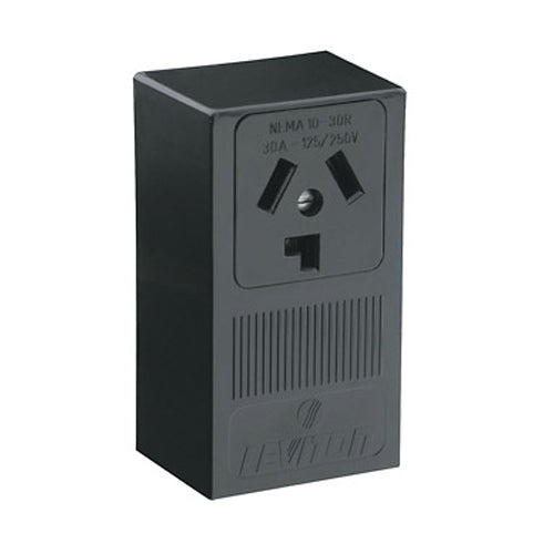 Leviton 5054, Straight Blade Surface Mount Single Receptacle, Industrial Grade, 30A 125/250V, NEMA 10-30R, 3-Pole, 3-Wire, Side Wired, Steel Strap, Black