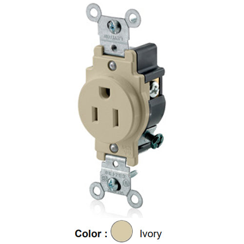 Leviton 5088-I, Standard Straight Blade Single Receptacle, Commercial Specification Grade, Indented Face, 15A 125V, NEMA 5-15R, 2-Pole, 3-Wire, Back and Side Wire, Ivory