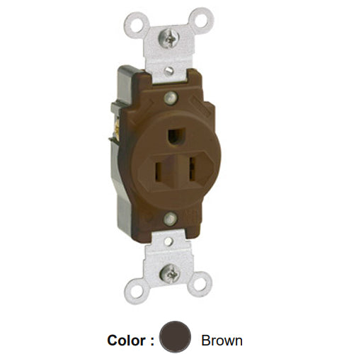 Leviton 5088, Standard Straight Blade Single Receptacle, Commercial Specification Grade, Indented Face, 15A 125V, NEMA 5-15R, 2-Pole, 3-Wire, Self-Grounding, Back or Side Wire, Brown