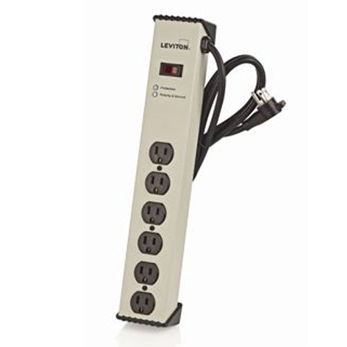 Leviton 5100-IPS, Surge Protected 6-Outlet Strip with Switch, 1449 3rd Edition, 125 Volt 15 Amp, 1330 Joules, 6 Feet 14-3 SJT Cord Length, Right Angle Plug, Aluminum Housing, Beige