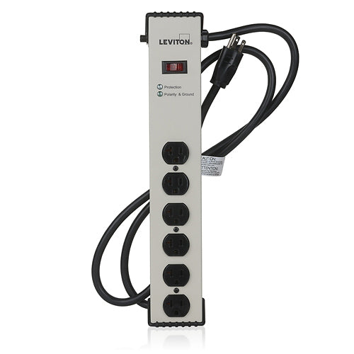 Leviton 5100-IS2, Surge Protected 6-Outlet Strip with Switch, 1449 3rd Edition, 125 Volt 20 Amp, 900 Joules, 6 Feet 12-3 SJT Cord Length, Straight Plug, Aluminum Housing, Beige