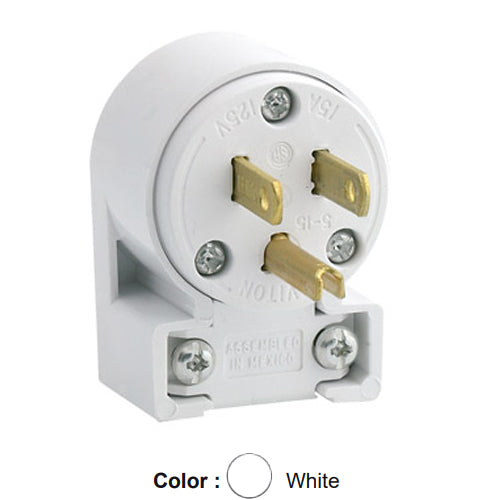 Leviton 515AN, Straight Blade Angle Plug, Commercial Grade, 15A 125V, NEMA 5-15P, 2-Pole, 3-Wire, Grounding, White
