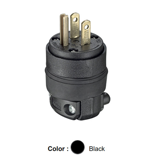 Leviton 515PR, Straight Blade Plug, Rubber, Residential Grade, 15A 125V, NEMA 5-15P, 2-Pole, 3-Wire, Grounding, Black