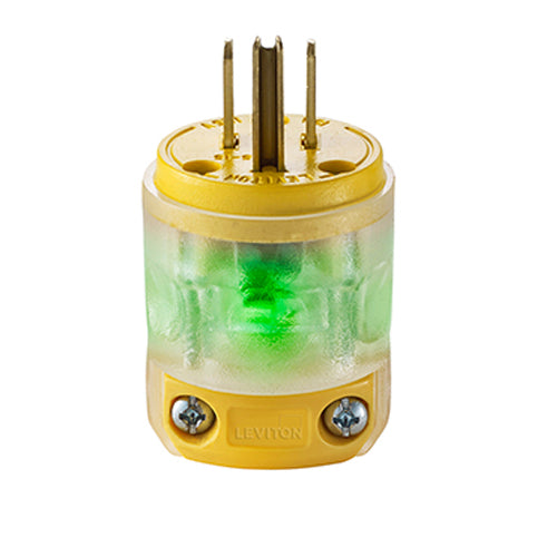 Leviton 515PV-LIT, Straight Blade Plug, Residential Grade, Lighted, 15A 125V, NEMA 5-15P, 2-Pole, 3-Wire, Grounding, Yellow/Transparent