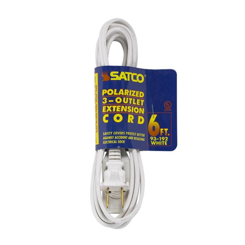 Satco 93-192, 6 Foot Extension Cord, 13A, 125V, 1625W Rating, White Finish, 16/2 SPT-2, Indoor Only