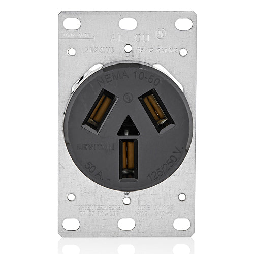 Leviton 5206-S10, Single Straight Blade Flush Mounting Outlet/Receptacle, 50A 125/250V, NEMA 10-50R, 3-Pole, 3-Wire, Non-Grounding, Side Wired, Steel Strap, Black