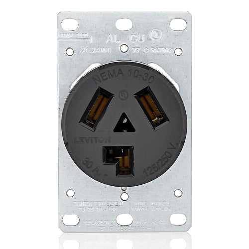 Leviton 5207-S10, Single Straight Blade Flush Mounting Outlet/Receptacle, 30A 125/250V, NEMA 10-30R, 3-Pole, 3-Wire, Non-Grounding, Side Wired, Steel Strap, Black