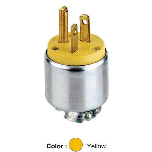 Leviton 520PA, Straight Blade Plug, Armored, 20A 125V, NEMA 5-20P, 2-Pole, 3-Wire, Grounding, Steel, Yellow