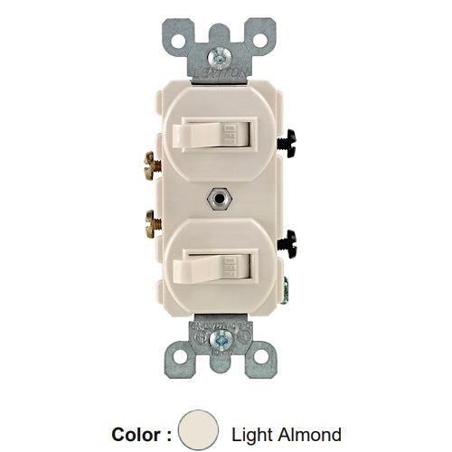 Leviton 5224-2T, Duplex Style Single-Pole/Single-Pole AC Combination Switch, Commercial Grade, 15 Amp, 120/277 Volt, Grounding, Side Wired, Light Almond