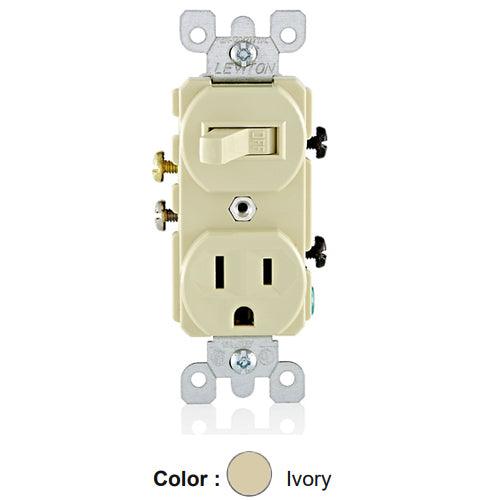 Leviton 5225-I, Duplex Style Single-Pole/5-15R AC Combination Switch, Commercial Grade, 15 Amp, 120 Volt, Grounding, Side Wired, Ivory