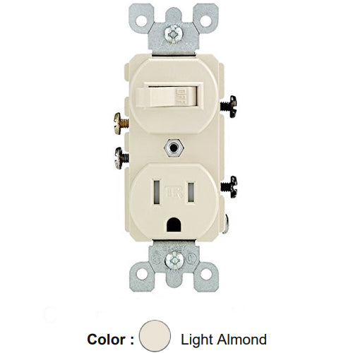 Leviton 5225-T, Duplex Style Single-Pole/5-15R AC Combination Switch, Commercial Grade, 15 Amp, 120 Volt, Grounding, Side Wired, Light Almond