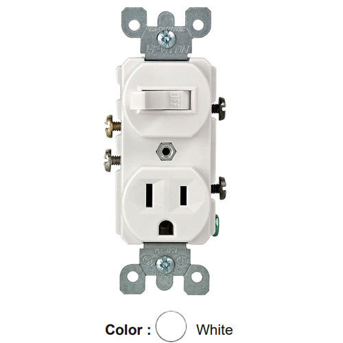 Leviton 5225-W, Duplex Style Single-Pole/5-15R AC Combination Switch, Commercial Grade, 15 Amp, 120 Volt, Grounding, Side Wired, White
