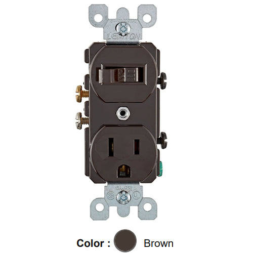 Leviton 5225, Duplex Style Single-Pole/5-15R AC Combination Switch, Commercial Grade, 15 Amp, 120 Volt, Grounding, Side Wired, Brown