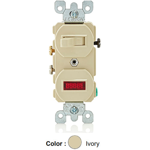 Leviton 5226-I, Duplex Style Single-Pole/Neon Pilot AC Combination Switch, Commercial Grade, 15 Amp, 120 Volt, Non-Grounding, Side Wired, Ivory