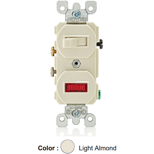 Leviton 5226-T, Duplex Style Single-Pole/Neon Pilot AC Combination Switch, Commercial Grade, 15 Amp, 120 Volt, Non-Grounding, Side Wired, Light Almond