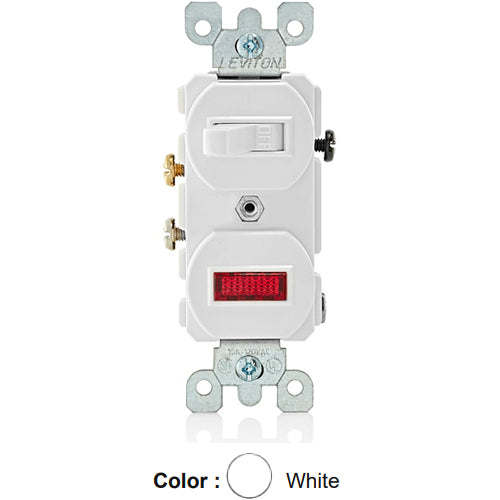 Leviton 5226-W, Duplex Style Single-Pole/Neon Pilot AC Combination Switch, Commercial Grade, 15 Amp, 120 Volt, Non-Grounding, Side Wired, White