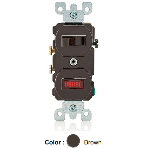 Leviton 5226, Duplex Style Single-Pole/Neon Pilot AC Combination Switch, Commercial Grade, 15 Amp, 120 Volt, Non-Grounding, Side Wired, Brown
