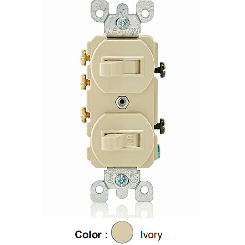 Leviton 5241-I, Duplex Style Single-Pole/3-Way AC Combination Switch, Commercial Specification Grade, 15 Amp, 120/277 Volt, Non-Grounding, Side Wired, Ivory