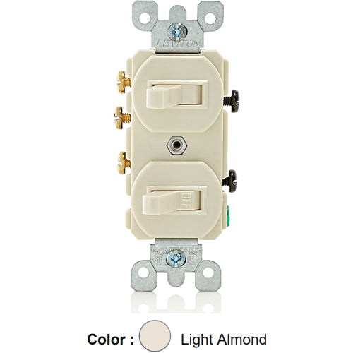 Leviton 5241-T, Duplex Style Single-Pole/3-Way AC Combination Switch, Commercial Specification Grade, 15 Amp, 120/277 Volt, Non-Grounding, Side Wired, Light Almond