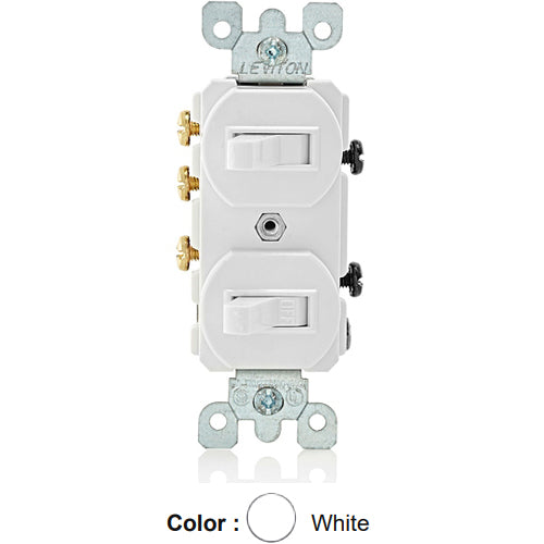 Leviton 5241-WS, Duplex Style Single-Pole/3-Way AC Combination Switch, Commercial Specification Grade, 15 Amp, 120/277 Volt, Non-Grounding, Side Wired, White