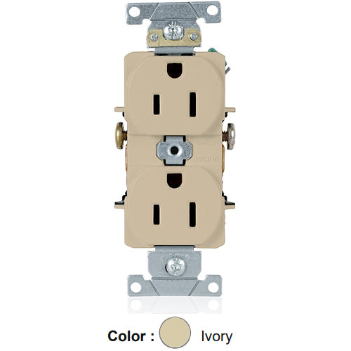 Leviton 5242-I, Standard Straight Blade Duplex Receptacle, Heavy-Duty Industrial Specification Grade, Smooth Face, 15A 125V, NEMA 5-15R, 2-Pole, 3-Wire, Side Wire Only, Ivory