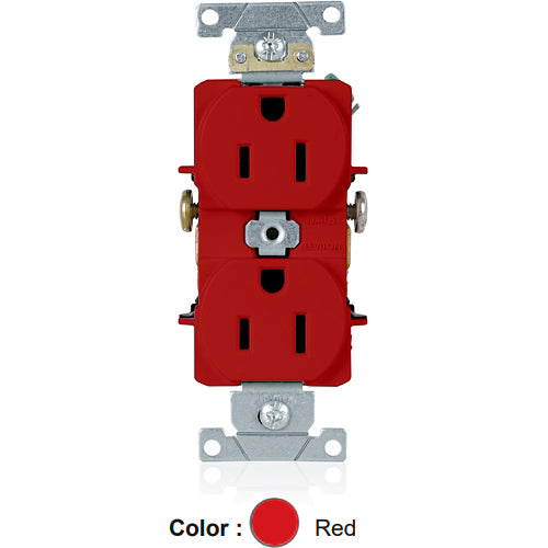 Leviton 5242-R, Standard Straight Blade Duplex Receptacle, Heavy-Duty Industrial Specification Grade, Smooth Face, 15A 125V, NEMA 5-15R, 2-Pole, 3-Wire, Side Wire Only, Red