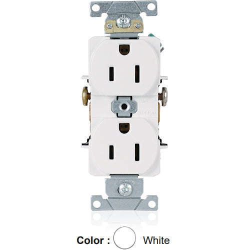 Leviton 5242-W, Standard Straight Blade Duplex Receptacle, Heavy-Duty Industrial Specification Grade, Smooth Face, 15A 125V, NEMA 5-15R, 2-Pole, 3-Wire, Side Wire Only, White
