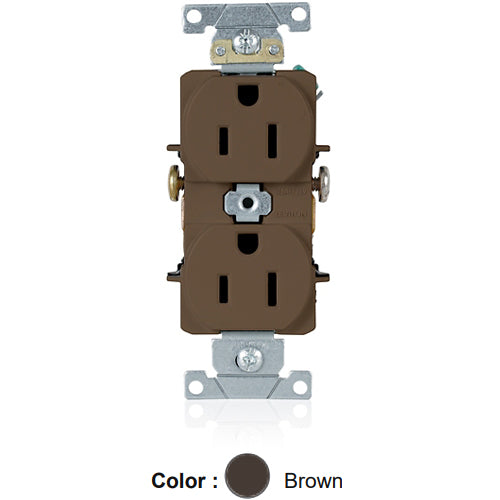 Leviton 5242, Standard Straight Blade Duplex Receptacle, Heavy-Duty Industrial Specification Grade, Smooth Face, 15A 125V, NEMA 5-15R, 2-Pole, 3-Wire, Side Wire Only, Brown