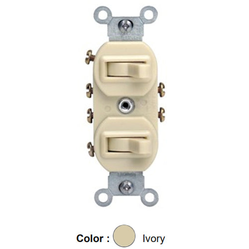 Leviton 5243-I, Duplex Style 3-Way/3-Way AC Combination Switch, Commercial Specification Grade, 15 Amp, 120/277 Volt, Non-Grounding, Side Wired, Ivory