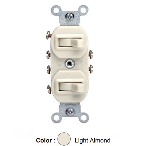 Leviton 5243-T, Duplex Style 3-Way/3-Way AC Combination Switch, Commercial Specification Grade, 15 Amp, 120/277 Volt, Non-Grounding, Side Wired, Light Almond