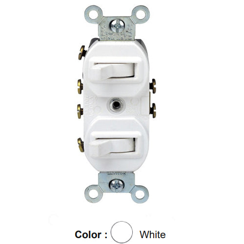 Leviton 5243-W, Duplex Style 3-Way/3-Way AC Combination Switch, Commercial Specification Grade, 15 Amp, 120/277 Volt, Non-Grounding, Side Wired, White