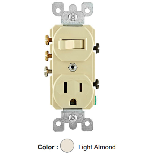 Leviton 5245-I, Duplex Style 3-Way/5-15R AC Combination Switch, Commercial Grade, 15 Amp, 120 Volt, Grounding, Side Wired, Ivory