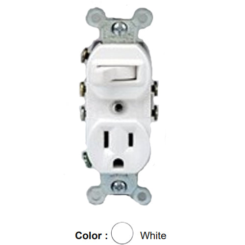 Leviton 5245-W, Duplex Style 3-Way/5-15R AC Combination Switch, Commercial Grade, 15 Amp, 120 Volt, Grounding, Side Wired, White