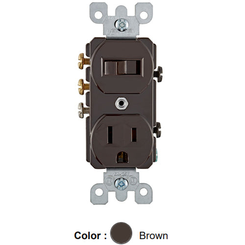 Leviton 5245, Duplex Style 3-Way/5-15R AC Combination Switch, Commercial Grade, 15 Amp, 120 Volt, Grounding, Side Wired, Brown